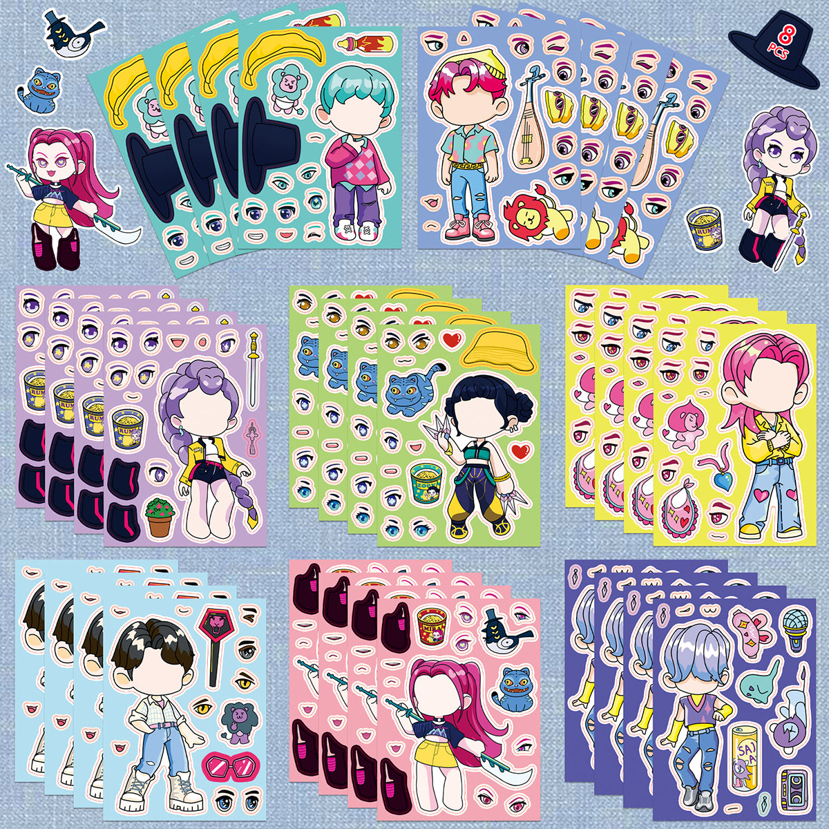 Collection of colorful character stickers on a blue checkered background