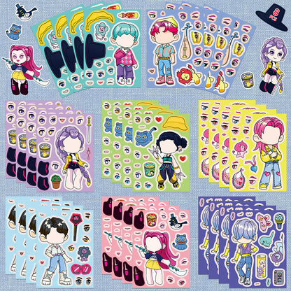 Collection of colorful character stickers on a blue checkered background