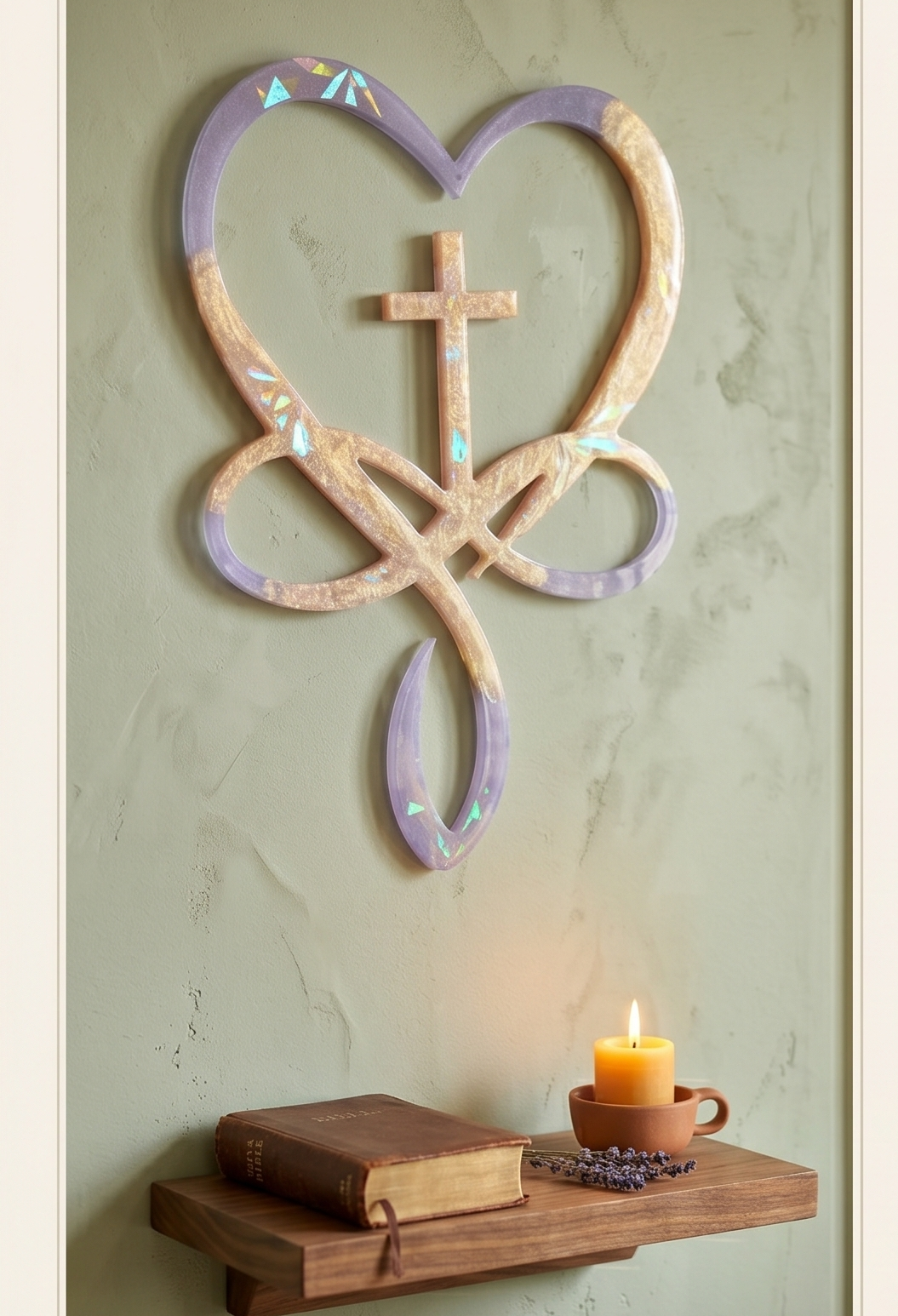 Decorative wall art with a cross and heart design on a green wall, with a candle and book on a shelf below.