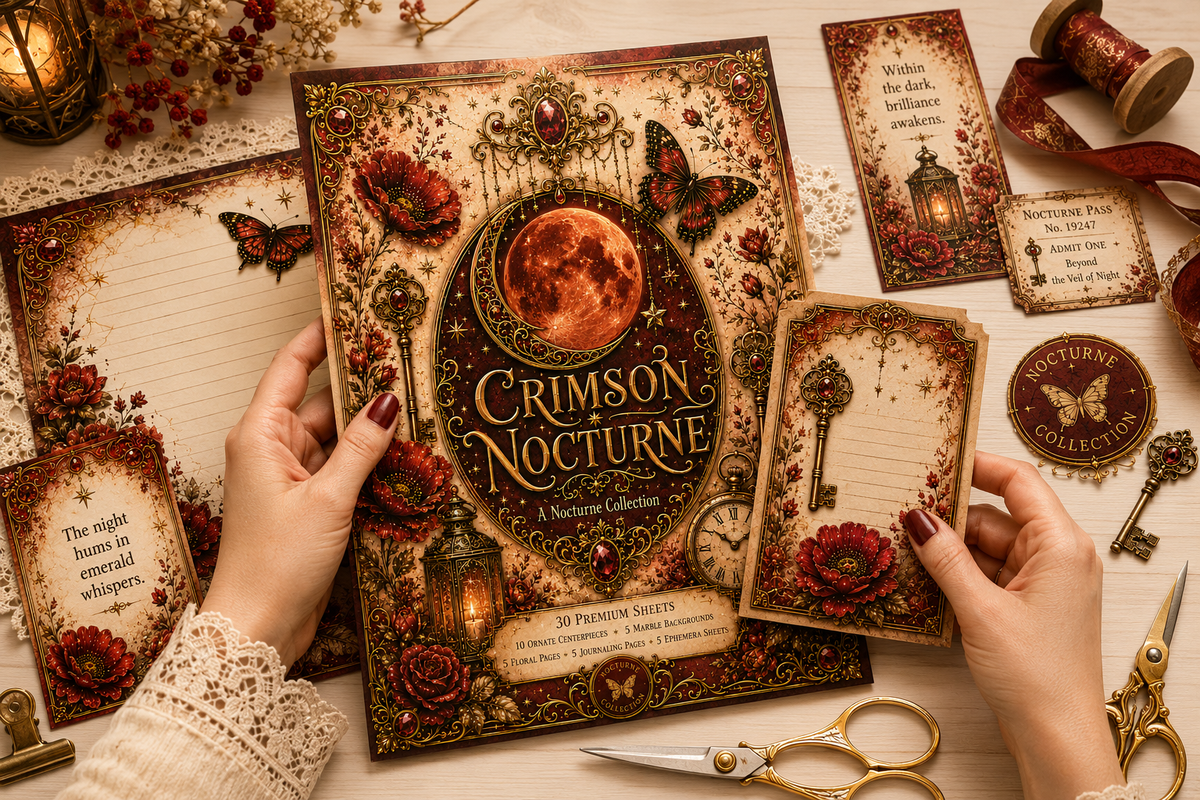 Crimson Nocturne red and gold journaling papers in a styled creative workspace