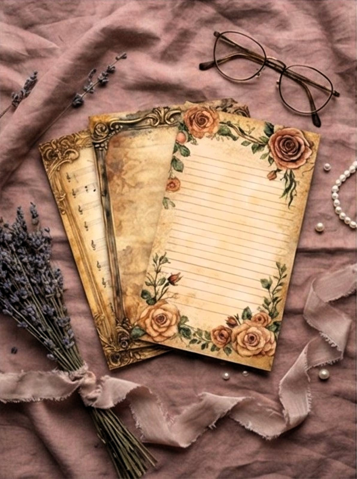 Decorative paper with floral designs on a textured surface with lavender and glasses.