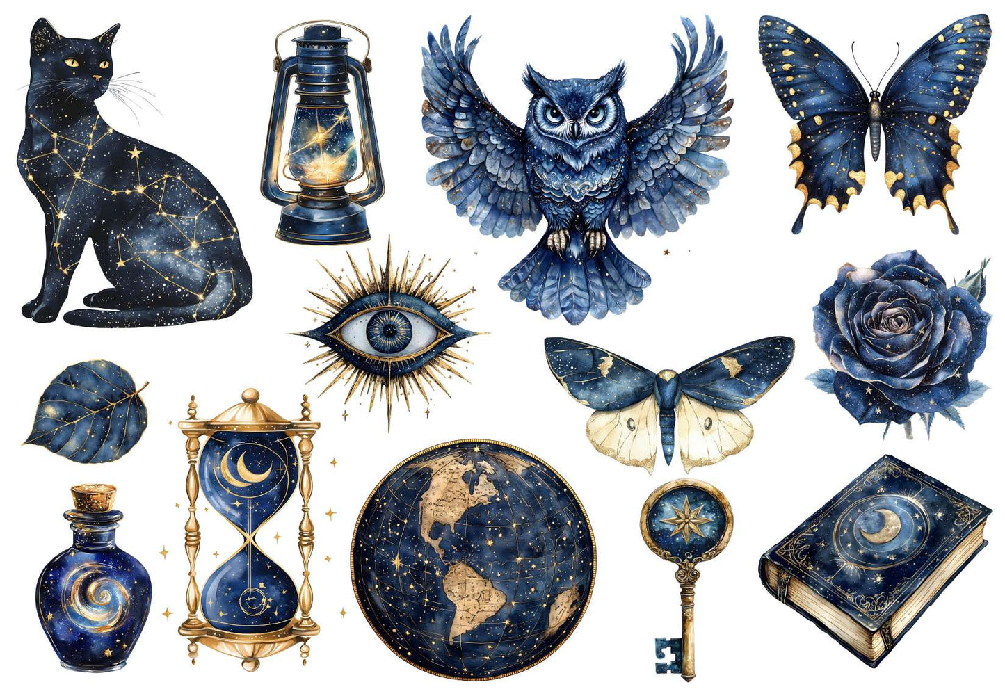 Collection of mystical illustrations including a black cat, owl, butterfly, rose, hourglass, and other elements with a fantasy theme.
