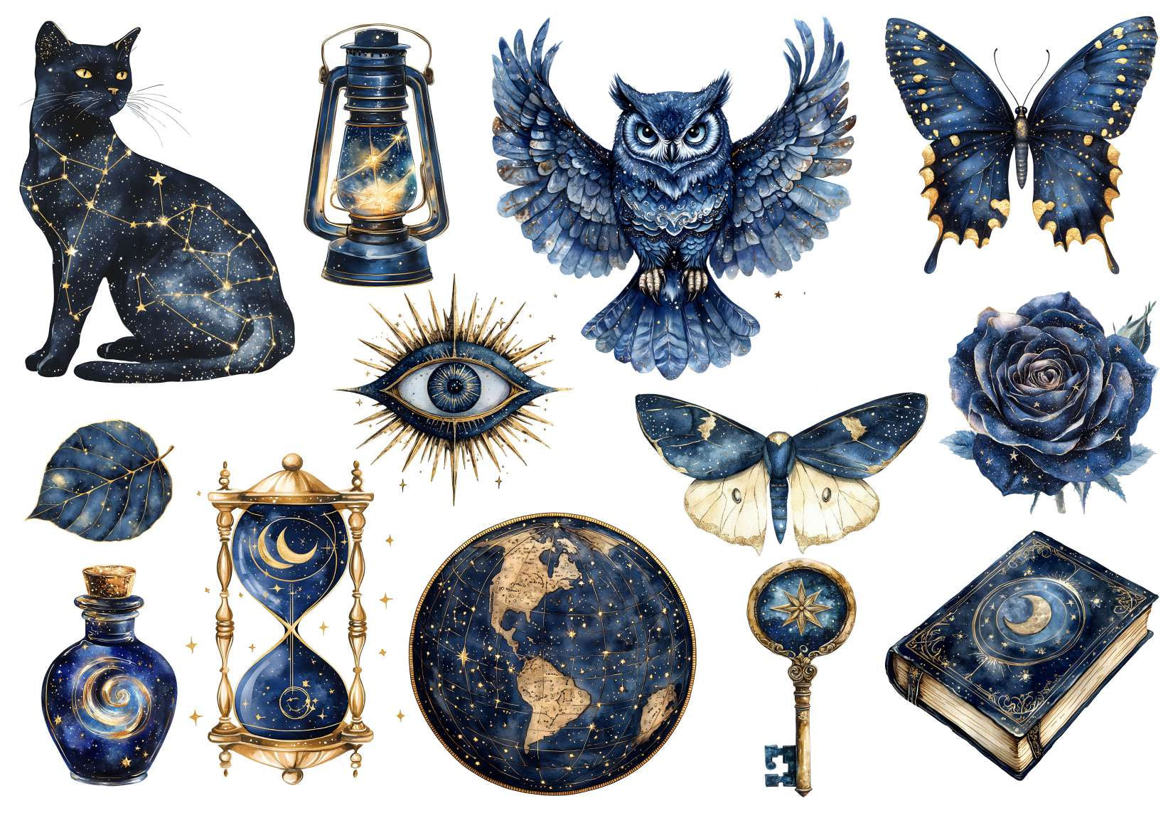 Collection of mystical illustrations including a black cat, owl, butterfly, rose, hourglass, and other elements with a fantasy theme.