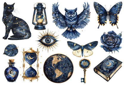 Collection of mystical illustrations including a black cat, owl, butterfly, rose, hourglass, and other elements with a fantasy theme.