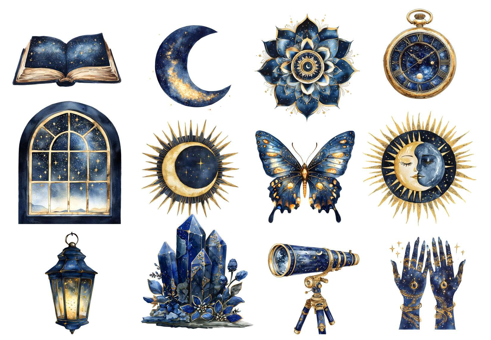 Collection of blue and gold themed illustrations including a moon, star, butterfly, and crystal.