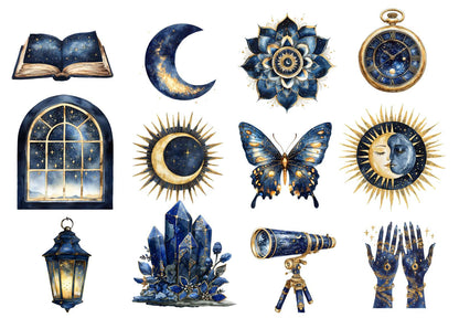 Collection of blue and gold themed illustrations including a moon, star, butterfly, and crystal.