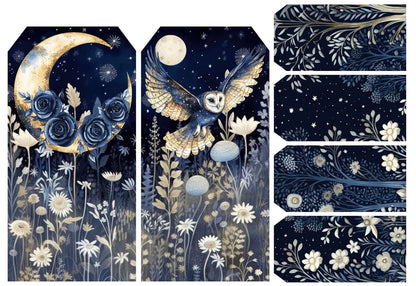 Decorative design with owls, flowers, and celestial elements on a dark blue background, featuring the brand 'WizardsArtDesigns'.