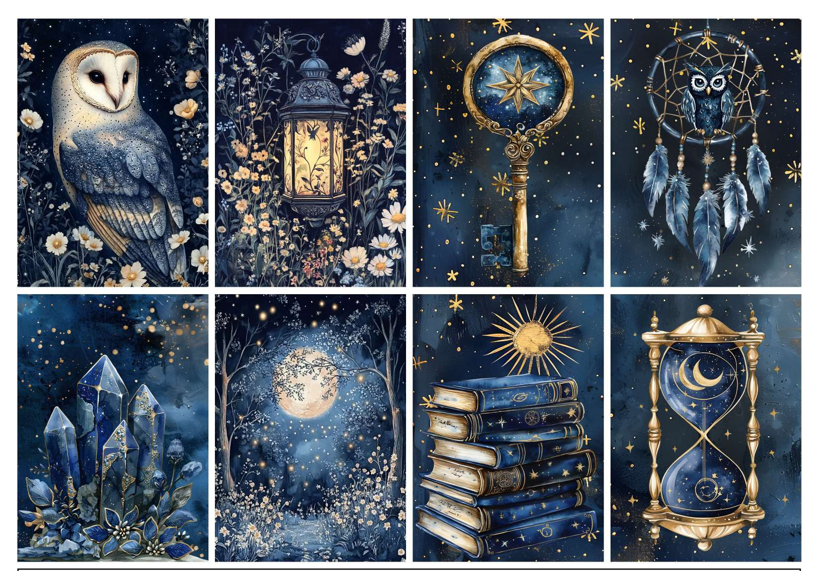 Collage of nine mystical illustrations including an owl, lantern, dreamcatcher, books, and hourglass on a dark blue background.