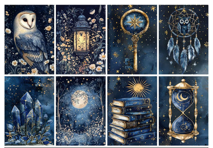 Collage of nine mystical illustrations including an owl, lantern, dreamcatcher, books, and hourglass on a dark blue background.