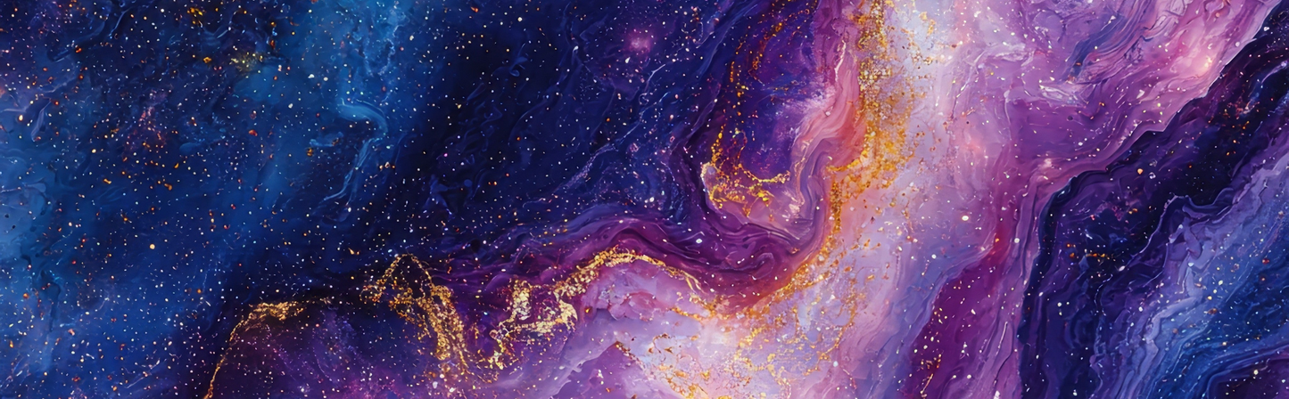 Colorful abstract painting with swirling patterns of purple, blue, and gold.