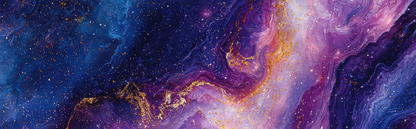 Colorful abstract painting with swirling patterns of purple, blue, and gold.
