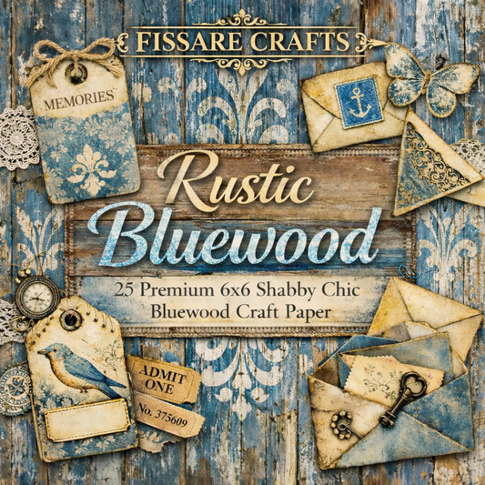 Fissare Crafts 'Rustic Bluewood' craft paper pack cover, featuring a distressed blue wood background with vintage-style labels, envelopes, a butterfly, a bird illustration, and a key.