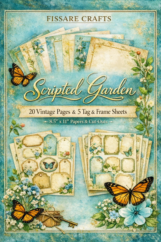 Packaging of Fissare Crafts Scripted Garden product with vintage pages, tag & frame sheets, and butterflies on a blue background.