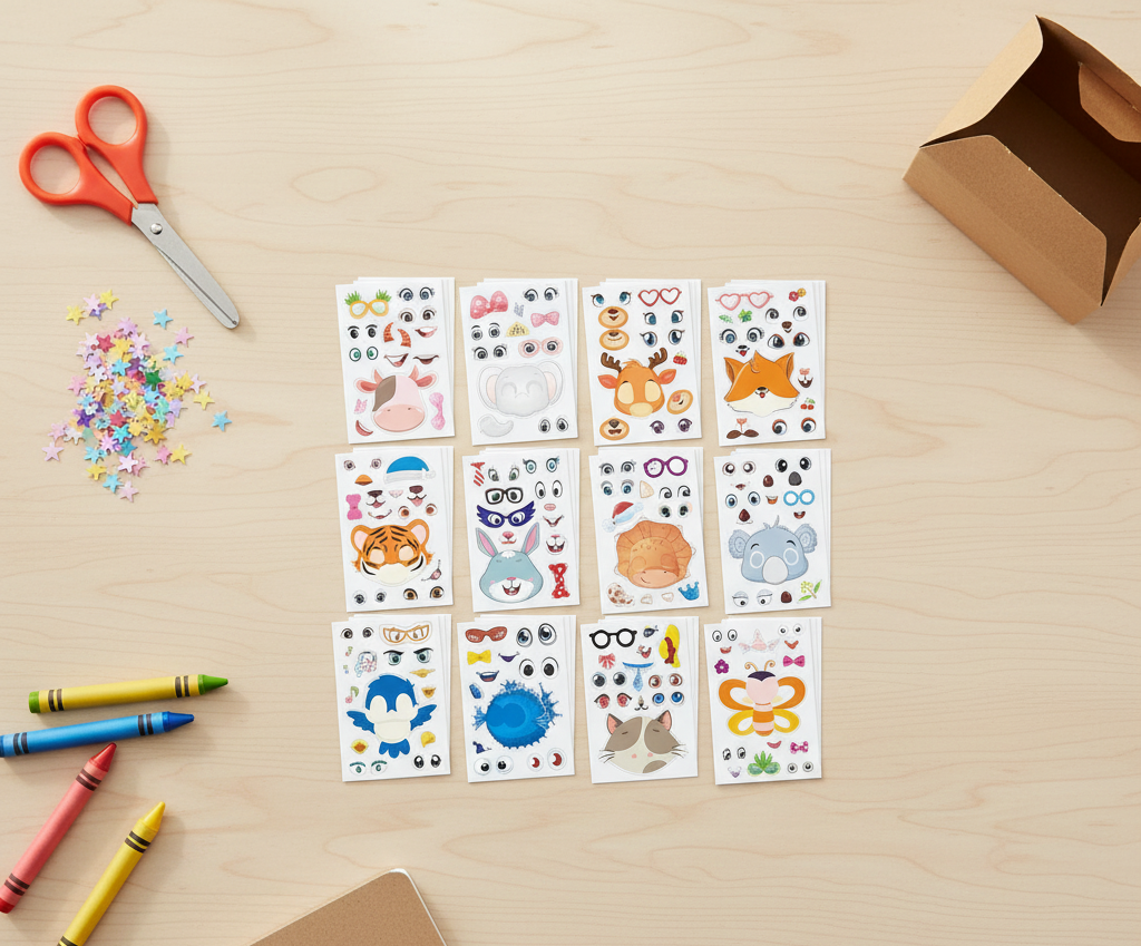 Sticker sheets with various designs on a wooden surface with scissors, crayons, and a box.