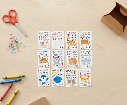 Sticker sheets with various designs on a wooden surface with scissors, crayons, and a box.