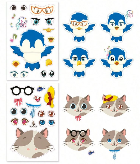 Set of cartoon animal face stickers with customizable features on a white background.