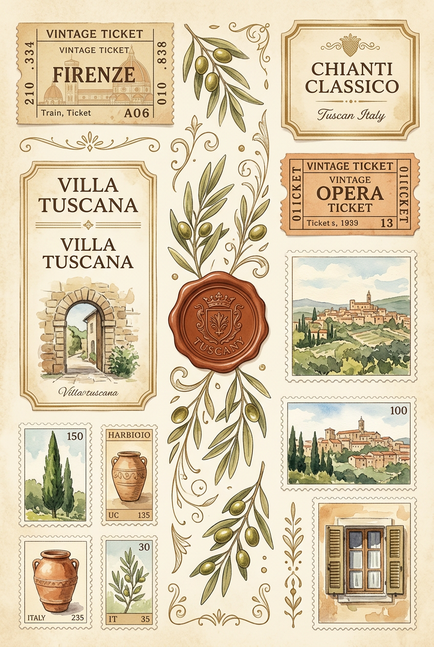 Decorative collage with vintage-style elements including stamps, tickets, and illustrations of Tuscan scenes.