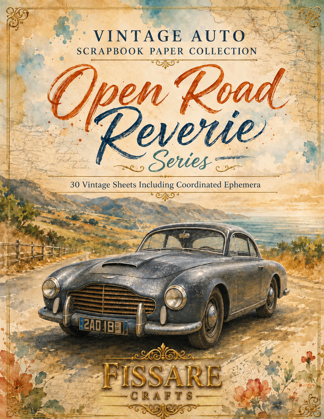 Vintage-style scrapbook paper collection cover titled 'Open Road Reverie Series' with a painted classic car on a scenic road, and the brand name Fissare Crafts at the bottom.