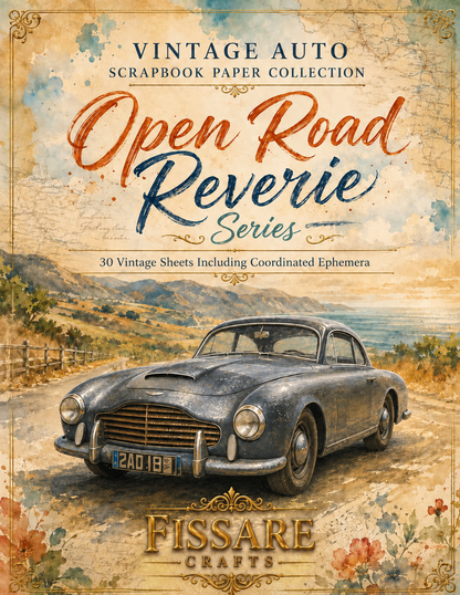 Vintage-style scrapbook paper collection cover titled 'Open Road Reverie Series' with a painted classic car on a scenic road, and the brand name Fissare Crafts at the bottom.