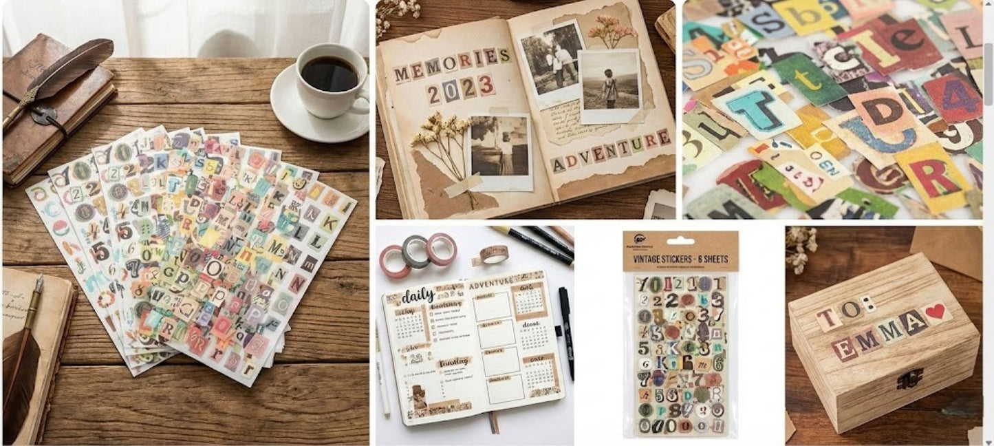 347 Piece Vintage Alphabet & Number Sticker Pack - Retro Letter Decals for Scrapbooking, Journaling & DIY Crafts