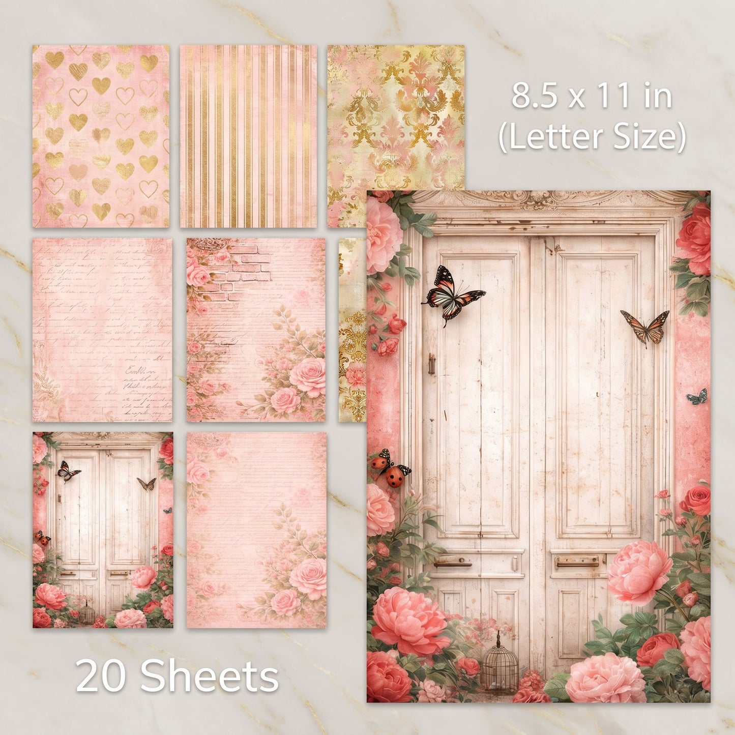 Collage of floral and decorative paper sheets with a butterfly design, 8.5 x 11 inch size.
