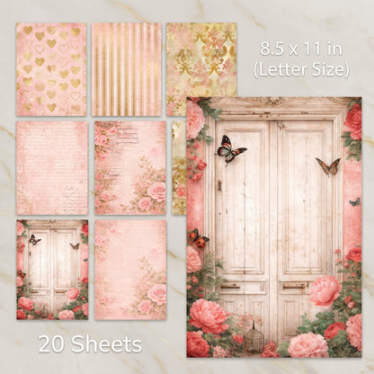 Collage of floral and decorative paper sheets with a butterfly design, 8.5 x 11 inch size.