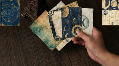 Hand holding a set of vintage-style cards with celestial designs on a wooden surface.