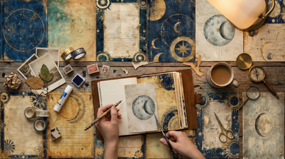 Person writing in a notebook on a desk with celestial designs and items.