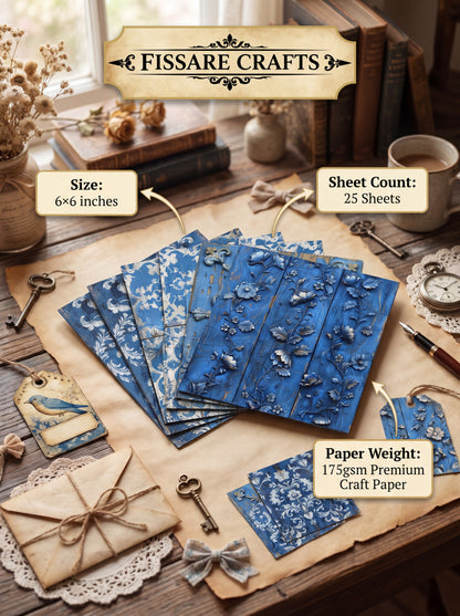 Rustic Bluewood – 25 Premium 6×6 Shabby Chic Bluewood Craft Paper (175gsm)