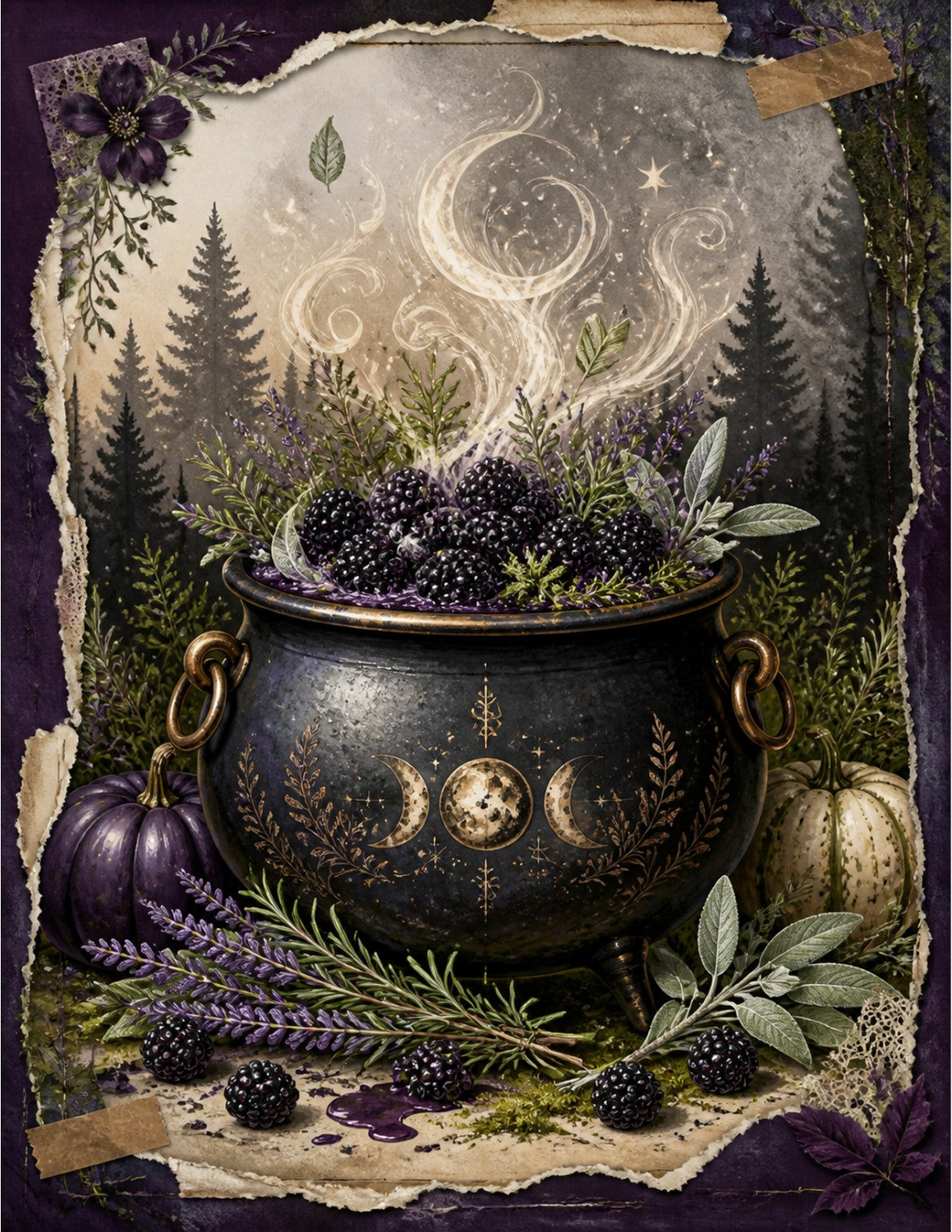 Blackberry Hallow scrapbook paper featuring a blackberry-filled cauldron, herbs, pumpkins, and moon magic