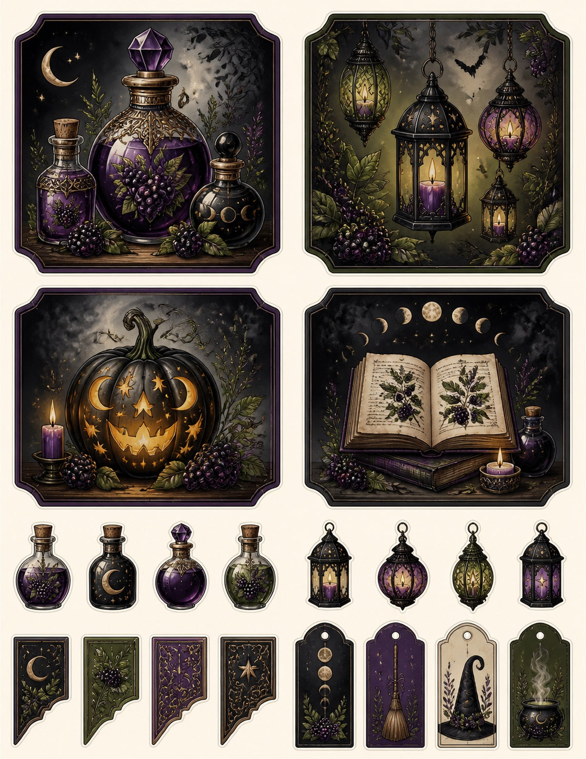 Blackberry Hallow ready-to-cut ephemera with potion bottles, lanterns, pumpkins, moon phases, tags, and corner pieces