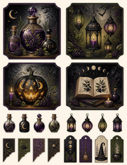 Blackberry Hallow ready-to-cut ephemera with potion bottles, lanterns, pumpkins, moon phases, tags, and corner pieces