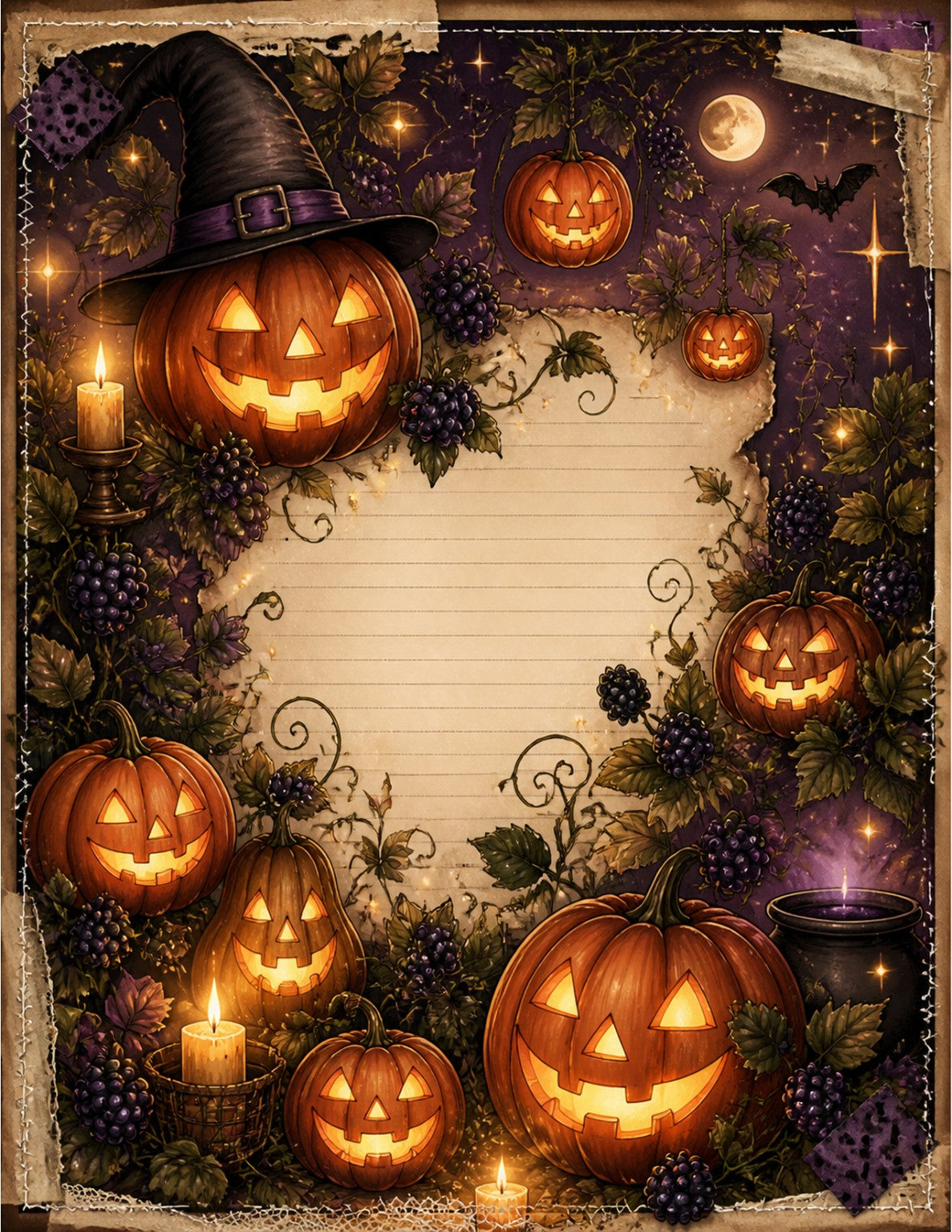 Blackberry Hallow lined journaling page with glowing pumpkins, blackberries, moon, bats, and candles