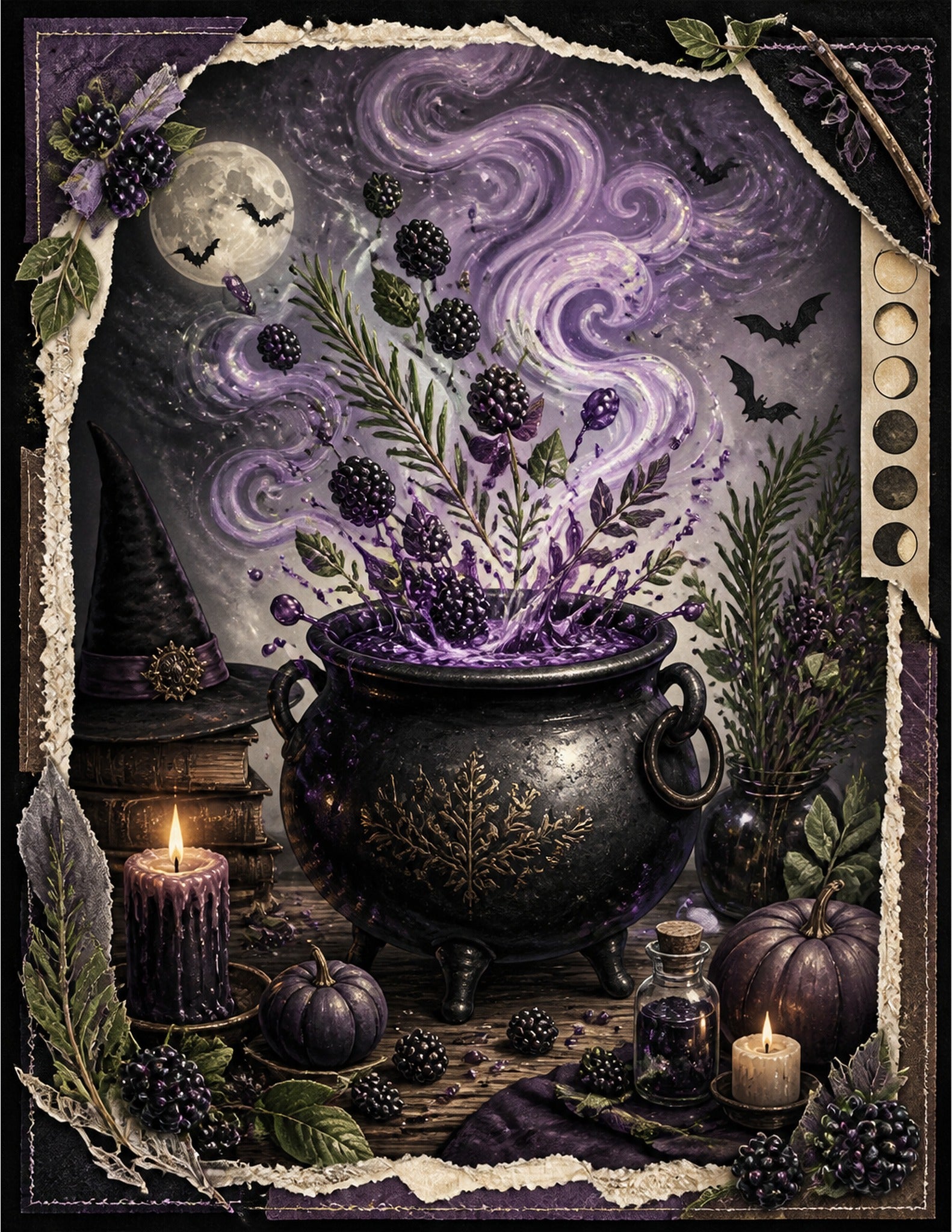 Blackberry Hallow scrapbook paper featuring a purple potion cauldron, blackberries, herbs, bats, and moon phases