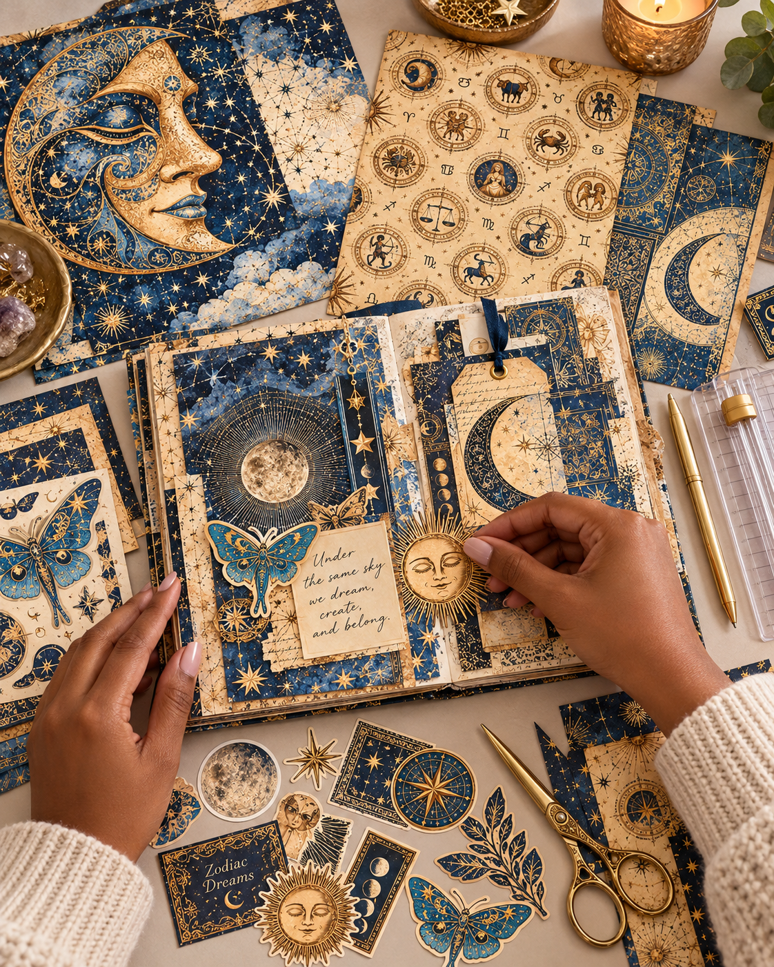 Hands using Zodiac Dreams celestial papers and cut-apart ephemera in a journal