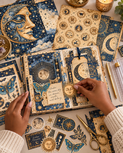 Hands using Zodiac Dreams celestial papers and cut-apart ephemera in a journal