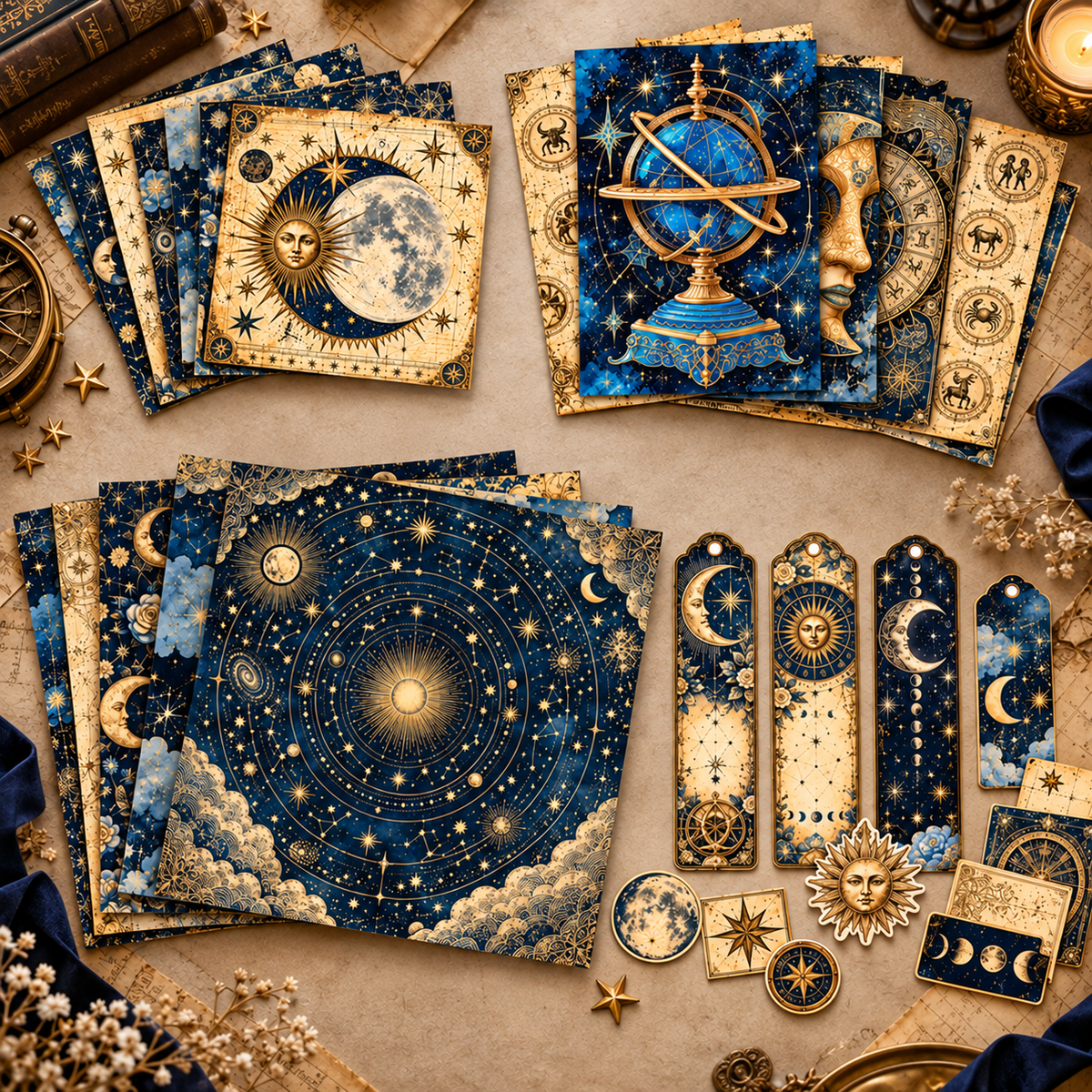 Zodiac Dreams layered 6x6 8x8 and 5x7 papers with celestial bookmarks and ephemera