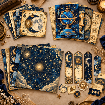 Zodiac Dreams layered 6x6 8x8 and 5x7 papers with celestial bookmarks and ephemera