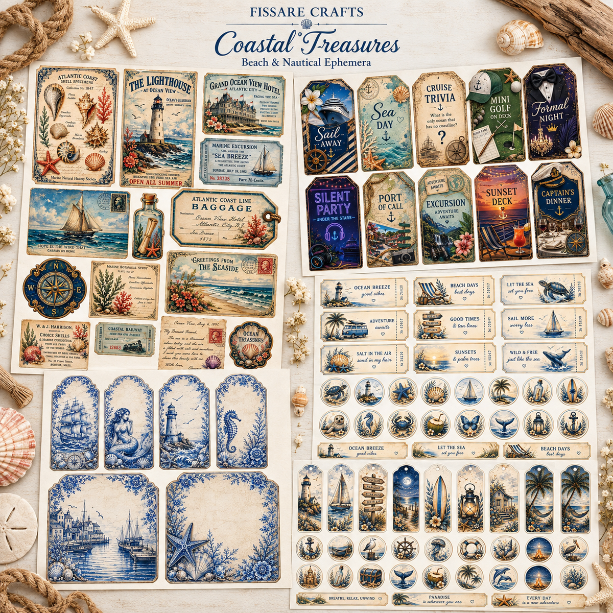 Coastal Treasures ephemera sheets with beach tickets, nautical tags and vintage seaside designs