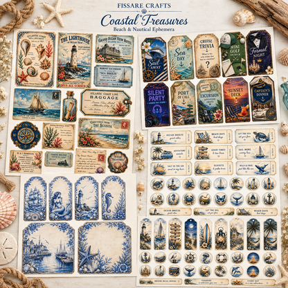 Coastal Treasures ephemera sheets with beach tickets, nautical tags and vintage seaside designs