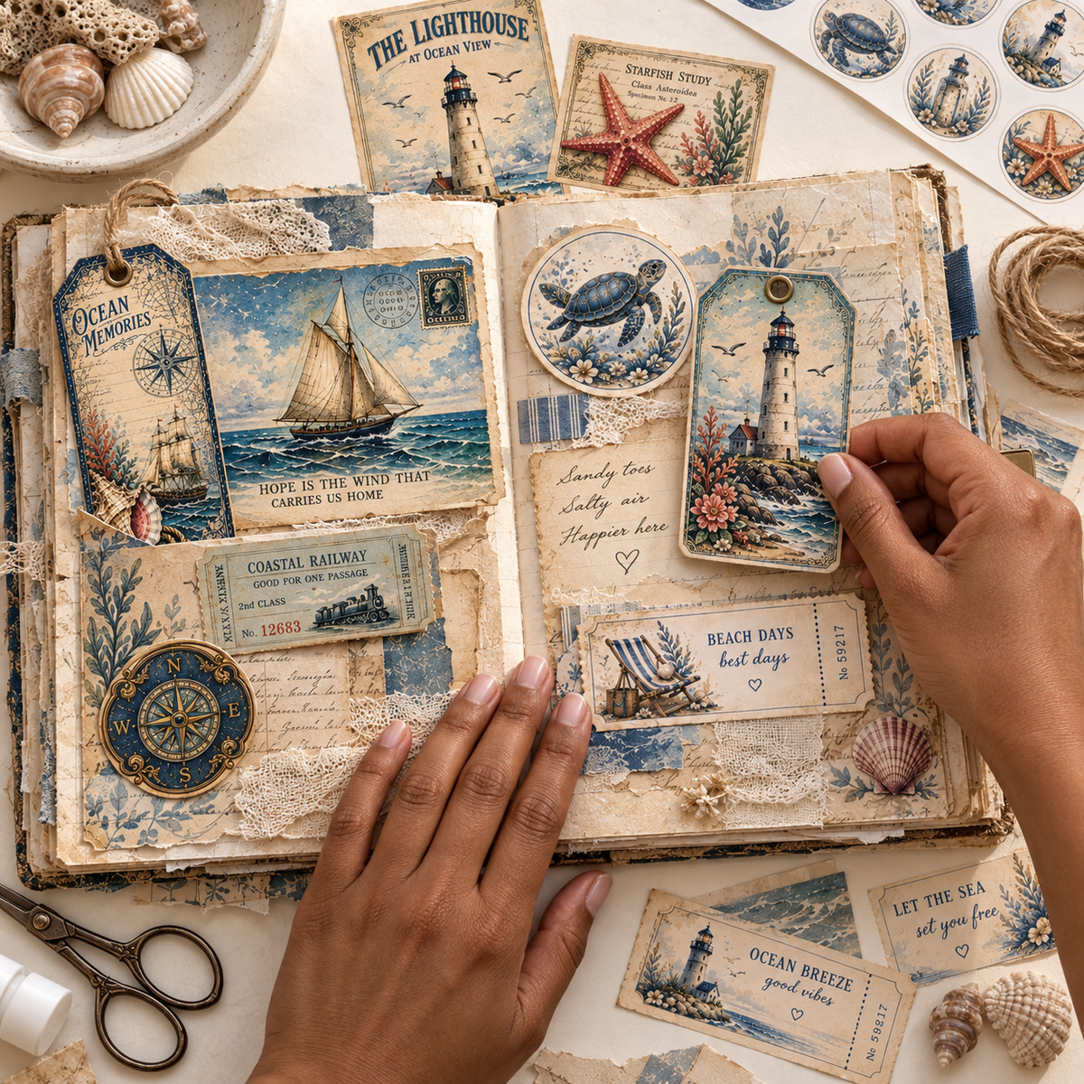 Hands crafting a coastal junk journal with lighthouse tags, sailboat postcards and beach ephemera