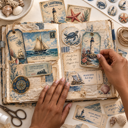Hands crafting a coastal junk journal with lighthouse tags, sailboat postcards and beach ephemera