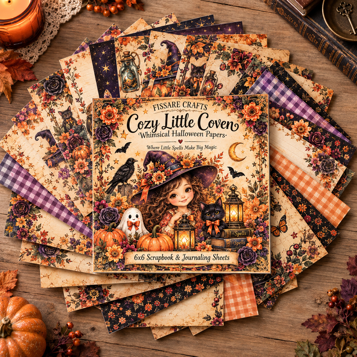 6x6 Halloween patterned scrapbook sheets from Cozy Little Coven fanned out on craft table