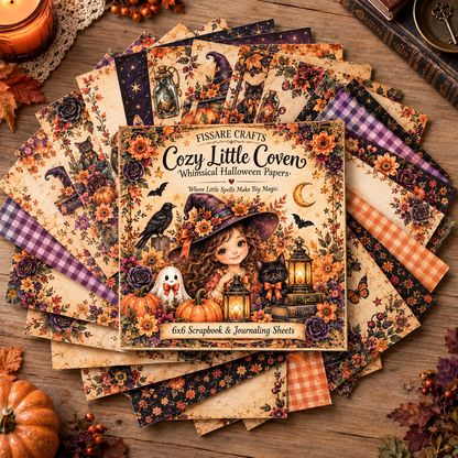 6x6 Halloween patterned scrapbook sheets from Cozy Little Coven fanned out on craft table
