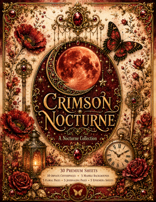 Crimson Nocturne 30-sheet scrapbook and journaling paper collection cover in ruby red and antique gold