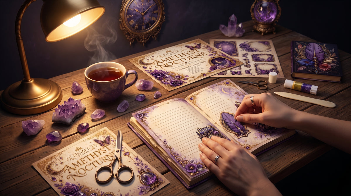 Amethyst Nocturne papers and ephemera arranged in a warm creative workspace