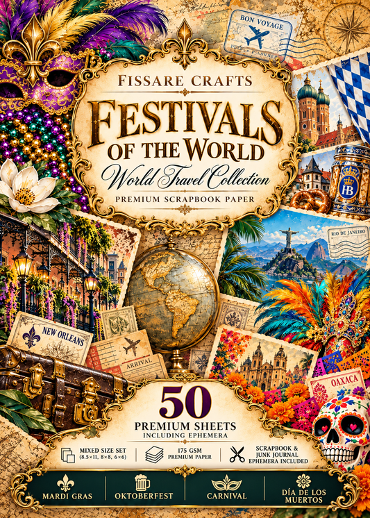 Fissare Crafts 'Festivals of the World' World Travel Collection premium scrapbook paper sheet, featuring a vibrant collage of cultural and festive imagery including masquerade masks, Mardi Gras beads, Oktoberfest decorations, Carnival masks, sugar skulls, and travel stamps.