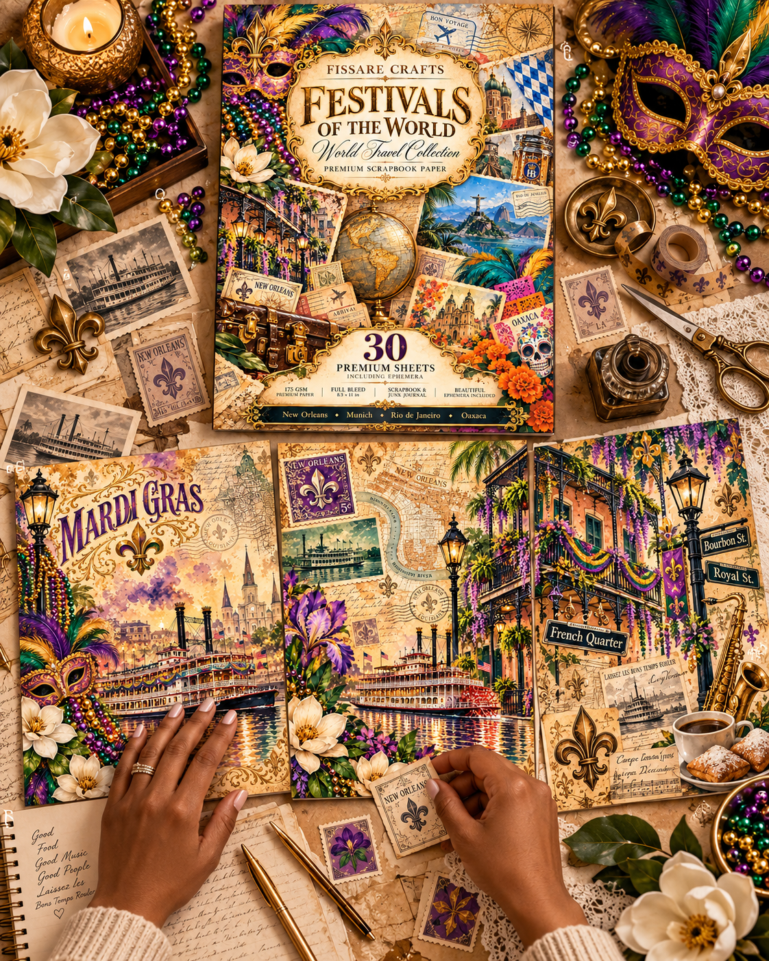 Hands crafting with Festivals of the World scrapbook paper collection