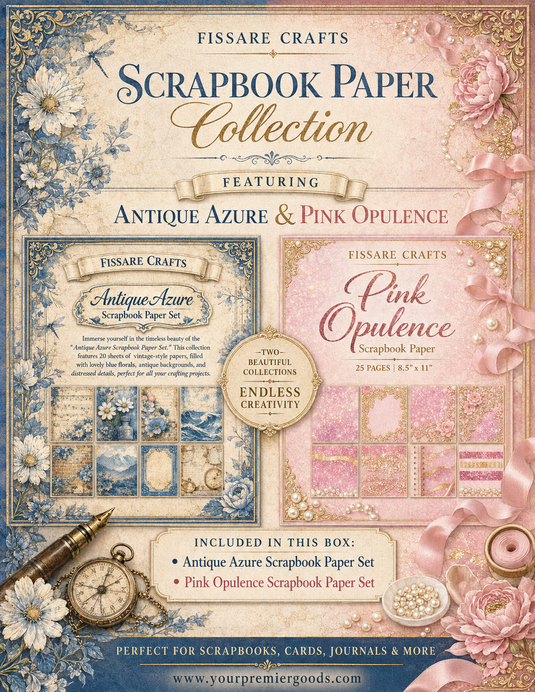 Scrapbook paper collection with antique azure and pink opulence designs, featuring flowers and decorative elements.