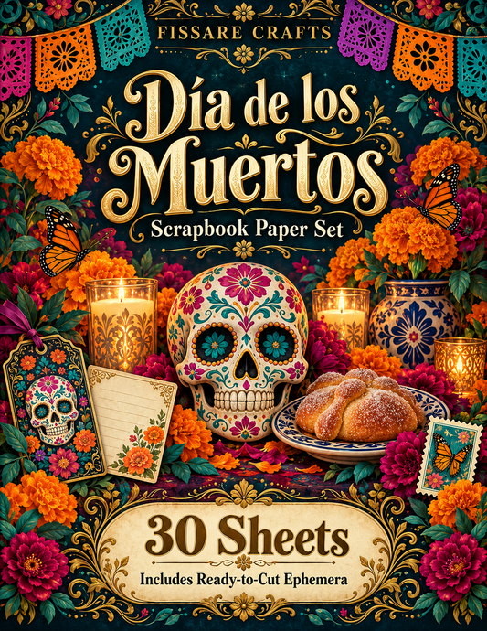 FISSARE CRAFTS Día de los Muertos 30 sheet mixed size scrapbook paper set featuring floral sugar skull, marigolds, monarch butterflies and coordinating ephemera